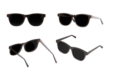 Multiple angles of black sunglasses with brown frames, isolated on a white background. Concept of eyewear styling. 3D Rendering