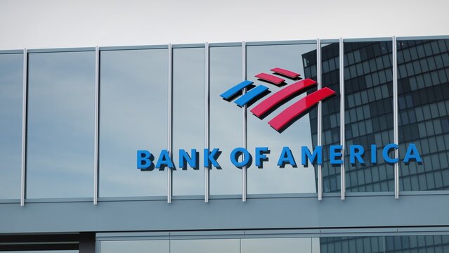 Los Angeles, USA - August 19, 2018 Bank of America only editorial Stock information on the logo of the office facade