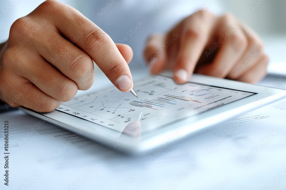 Poster two hands interface with a digital tablet displaying data, signifying the use of technology and touc