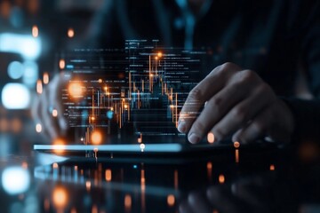 Hands interacting with a digital tablet displaying a stock market interface, highlighting technology and finance in a modern trading environment.