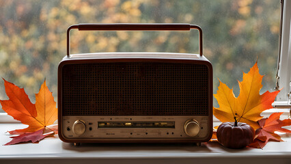 A vintage radio sitting on a windowsill with autumn colored leaves drifting past outside, AI Generated