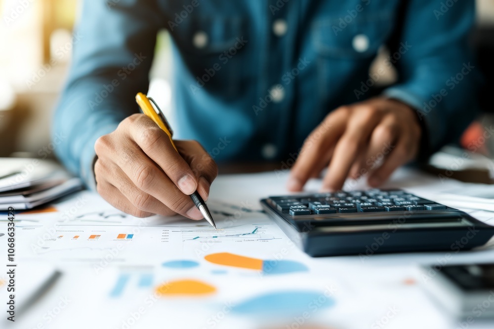 Poster a person uses a calculator while working on financial documents with graphs and charts, representing