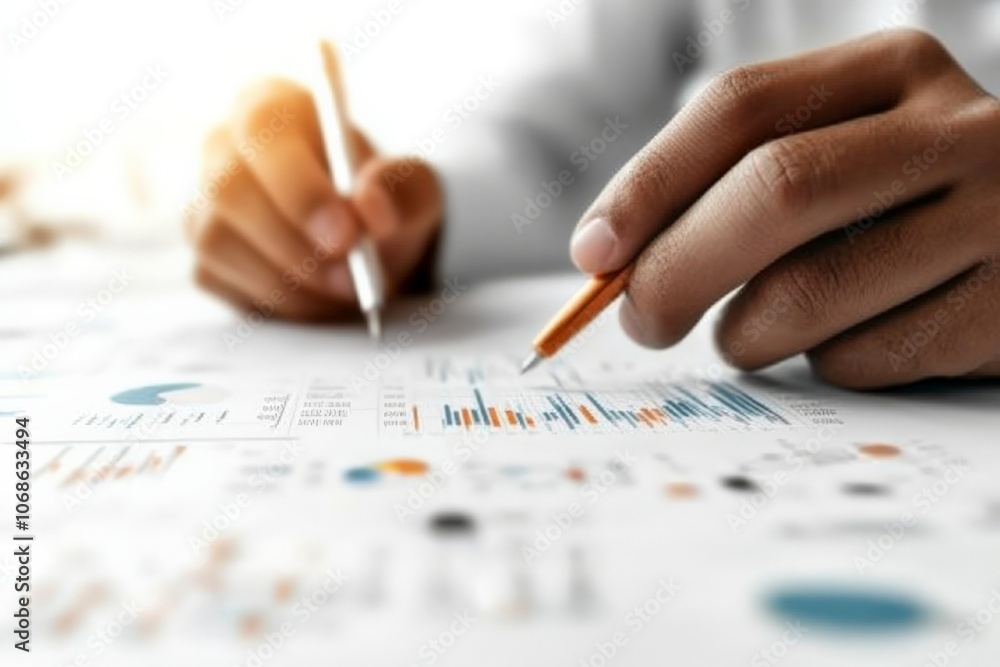Poster a detailed close-up of a person's hands analyzing printed graphs and data charts with pens, emphasiz