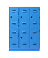 Blue lockers with six doors, isolated on a white background. Modern design concept for storage solutions and organization. 3D Rendering
