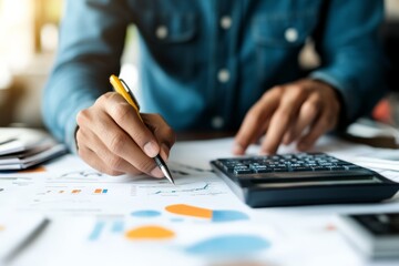 A person uses a calculator while working on financial documents with graphs and charts, representing the detailed analysis necessary for financial planning.