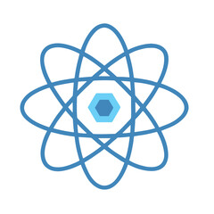 This rendering presents the React framework logo, featuring a blue atom with orbits, representing its component-based architecture and dynamic user interfaces for web development projects.
