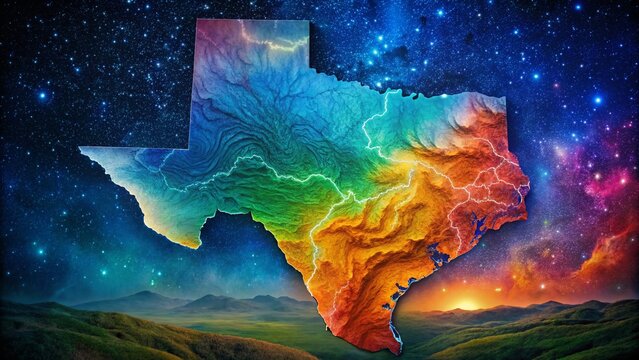 Stunning Night Photography of Texas Hypsometric Map, Visualizing Elevation Relief and Topography, Colorful Contours, Detailed Landscape, Geographic Features, Texas State Map, Night Sky, Aerial View
