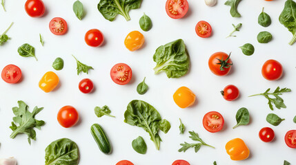layout of various fresh vegetables on white background, top view. vegetarianism concept