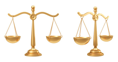 Two golden balance scales are isolated on a white background, displayed from different angles. Concept of justice and fairness. 3D Rendering