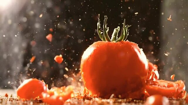 Tomato explode into juice. A tomato is a juicy, red fruit known for its versatility in cooking, used in salads, sauces, and soups, offering a slightly sweet yet tangy flavor. 