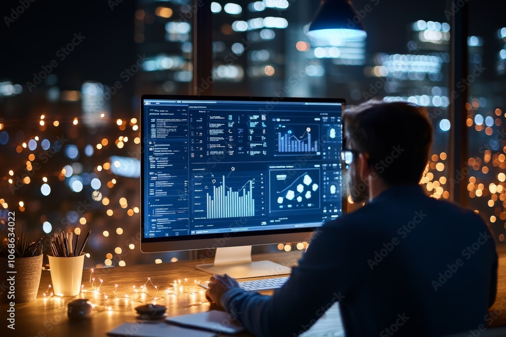 Poster a person intensely focused on analyzing dynamic graphs and data on a large computer screen in a diml