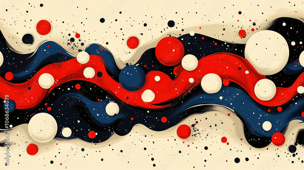 Poster an abstract composition showcases swirling red and black waves interspersed with bold white and blue