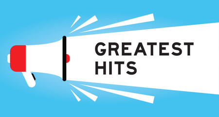 Color megaphone icon with word greatest hits in white banner on blue background © bankrx