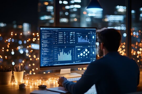 A person intensely focused on analyzing dynamic graphs and data on a large computer screen in a dimly lit room, reflecting dedication and analytical expertise.