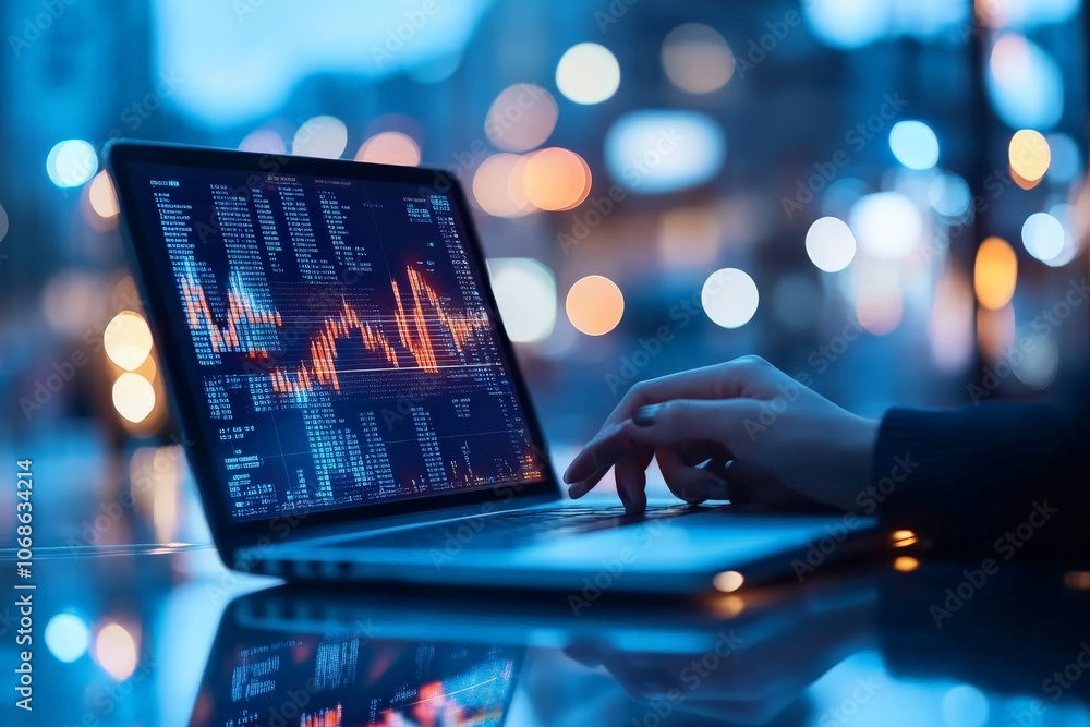 Poster a person's hands are interacting with a laptop displaying complex stock market graphs and charts at 