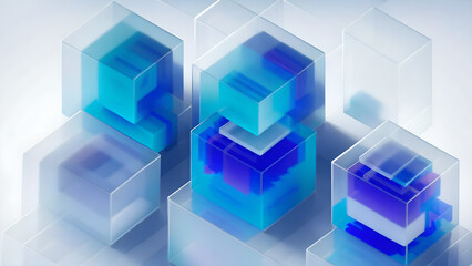 Obraz premium Abstract Blue Glass Cubes: A mesmerizing abstract composition featuring translucent blue cubes stacked in a dynamic arrangement. This captivating image evokes a sense of depth, complexity.