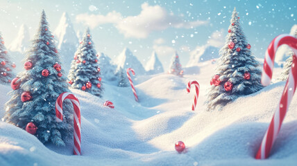 Snow-covered hills dotted with spruces, where colorful Christmas candy canes peek out from the snow.