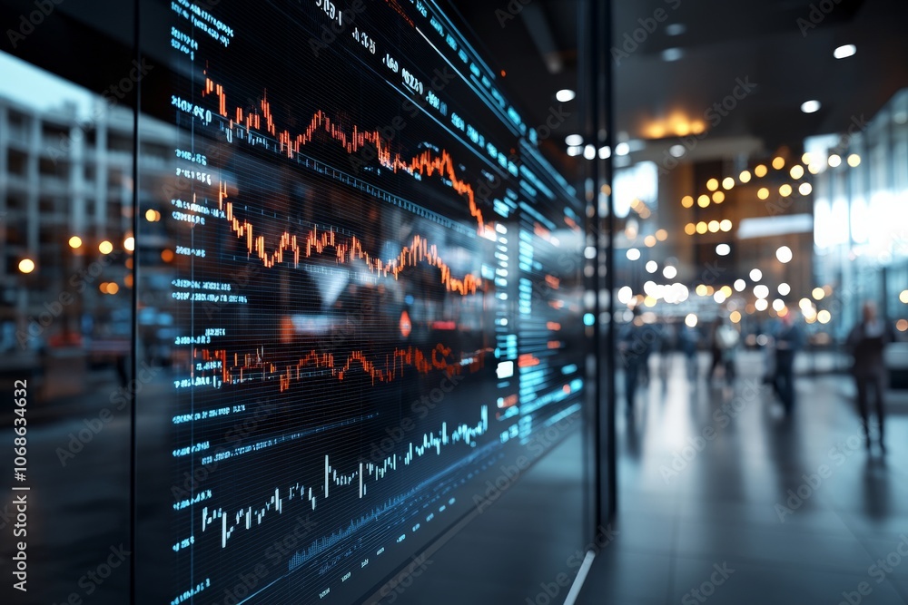 Poster a dynamic digital screen showcases fluctuating financial data with graphs and visuals, offering a mo