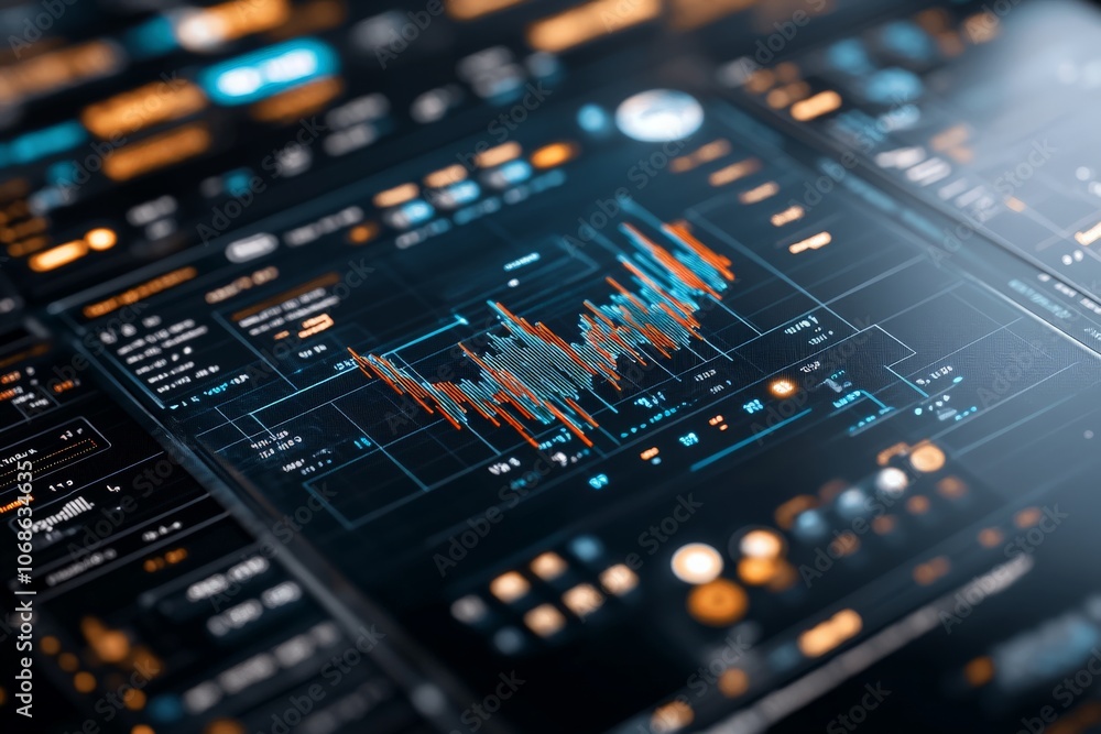 Poster a close-up view of a digital interface with vibrant graphs and analytics, highlighting the intricate