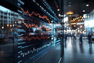 A dynamic digital screen showcases fluctuating financial data with graphs and visuals, offering a modern outlook on the economic market trends in a bustling environment.