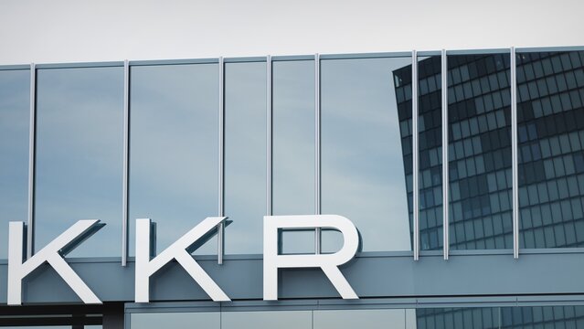 Los Angeles, USA - April 4, 2023 KKR & Co only editorial Stock information on the logo of the office facade