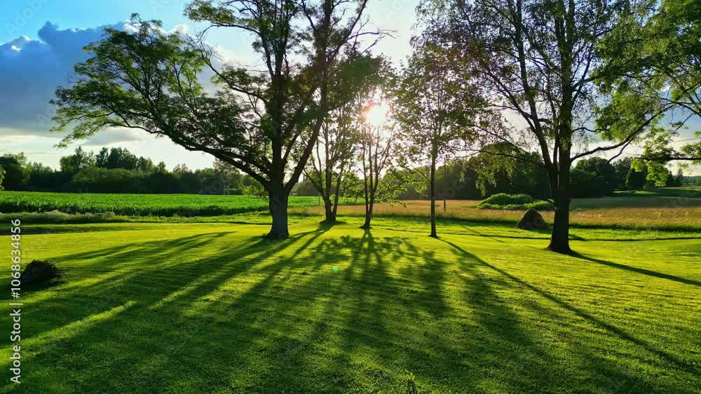 Poster sun, low in the sky, shinning and sparkling through the trees - push forward