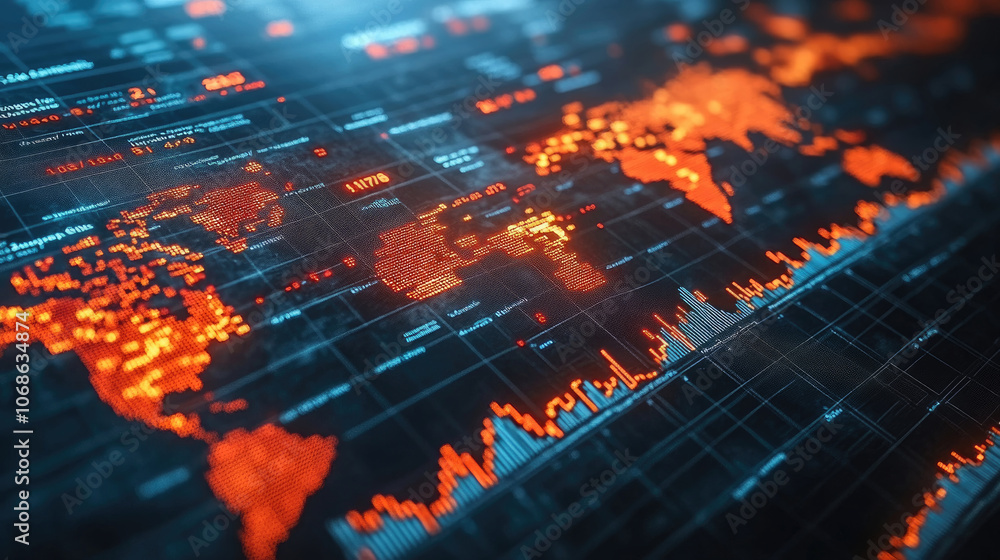 Poster a glowing orange world map displays data analytics with charts, representing trends and statistics i