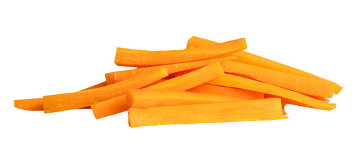 Side view of orange carrot slices in stick shape in stack isolated with clipping path in png file format