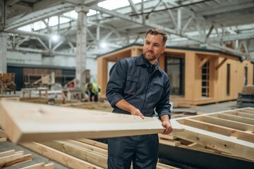 Wooden plank in hands. Male builder is at construction of house