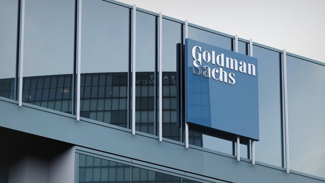 San Francisco, USA - July 10, 2021 Goldman Sachs only editorial Stock information on the logo of the office facade