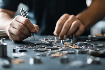 A person carefully inspects a spread of coins on a table, indicating a focus on finance, investment, or numismatics in a dimly lit environment.