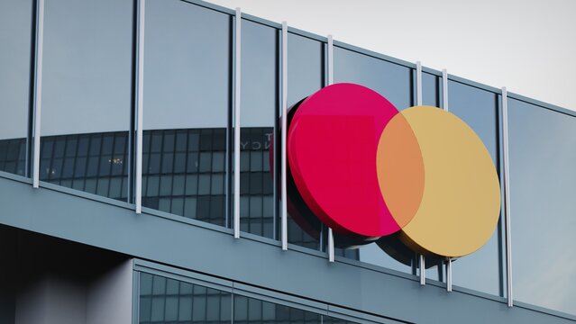 Vancouver, Canada - March 3, 2021 Mastercard only editorial Stock information on the logo of the office facade