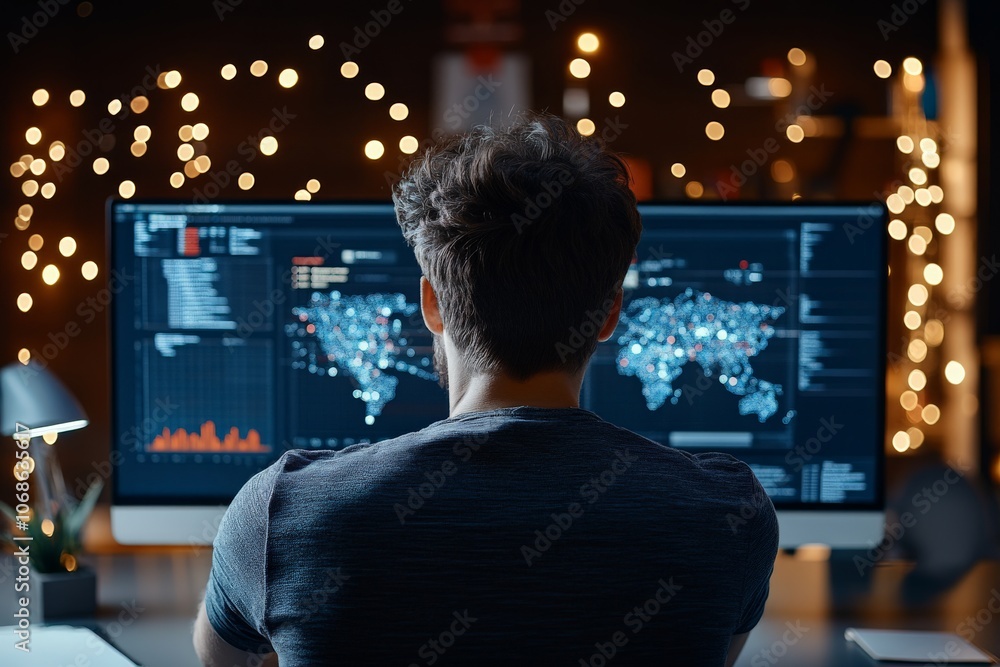 Poster back view of a man focused on a large screen displaying global data and statistics, illustrating tec