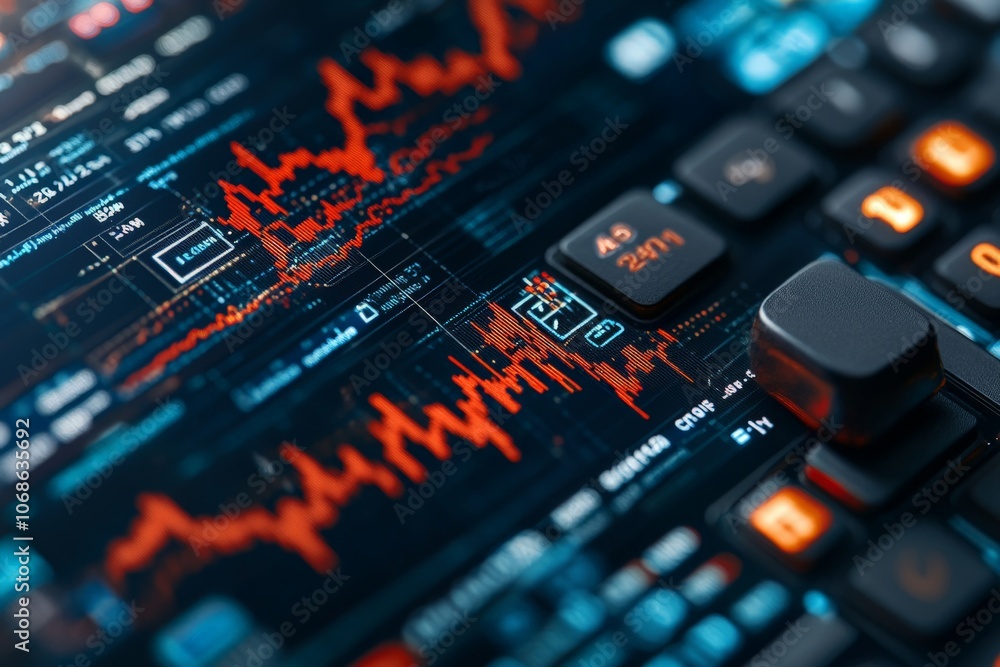 Poster a dynamic financial chart with glowing red lines shows market fluctuations against a digital backgro