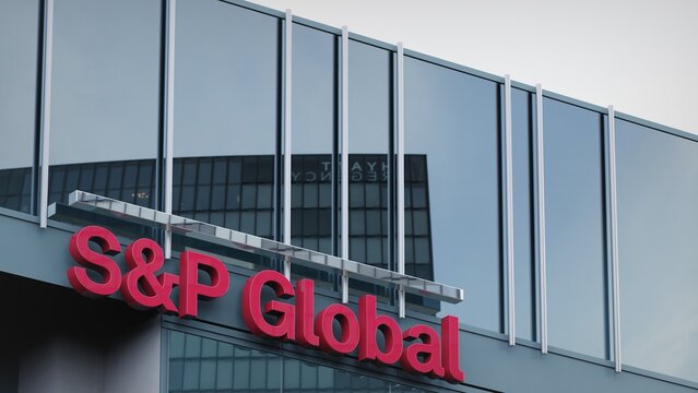Manchester, UK - March 28, 2023 S&P Global only editorial Stock information on the logo of the office facade