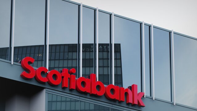 London, UK - March 1, 2019 Scotiabank only editorial Stock information on the logo of the office facade