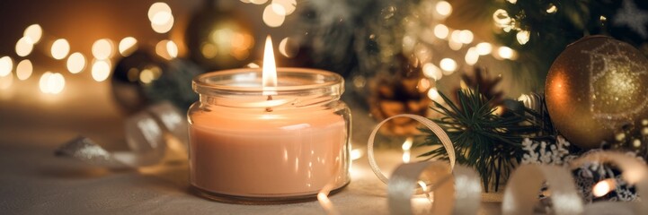 A banner with a lighted candle on the festive table. The warm flame illuminates the creamy wax, creating a cozy and inviting atmosphere. The candle is surrounded by Christmas decorations.
