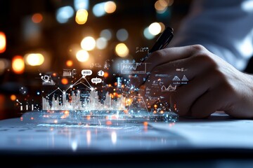 Fototapeta premium A hand writes on paper surrounded by a futuristic overlay of digital data graphics, depicting real-time analytics and information flow in a corporate setting.