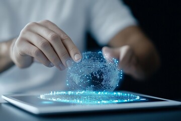 A close-up view of hands manipulating a digital holographic globe on a tablet surface, symbolizing connectivity and global interaction using technology.