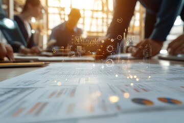 People engage in a collaborative meeting in a modern office setting, brainstorming with digital data projections highlighting teamwork and business planning efforts.