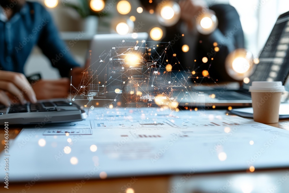 Poster an office setting with digital network nodes overlaying a typical meeting scenario, symbolizing mode
