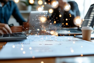 An office setting with digital network nodes overlaying a typical meeting scenario, symbolizing modern connectivity and teamwork amidst advanced technology.