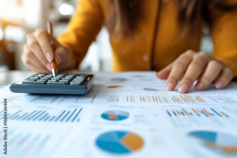 Poster an individual actively engages in financial calculations, using a calculator on top of charts and gr