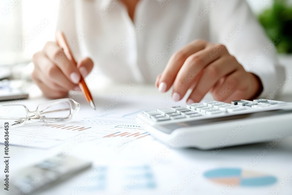 Poster hands using a calculator amidst charts and glasses on a table, symbolizing financial analysis, budge