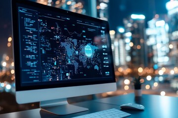A digital representation of a globe, with interconnected data points and graphs, is displayed on a computer screen in an office overlooking a cityscape at night.