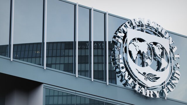 Chicago, USA - May 14, 2019 International Monetary Fund IMF only editorial Stock information on the logo of the office facade