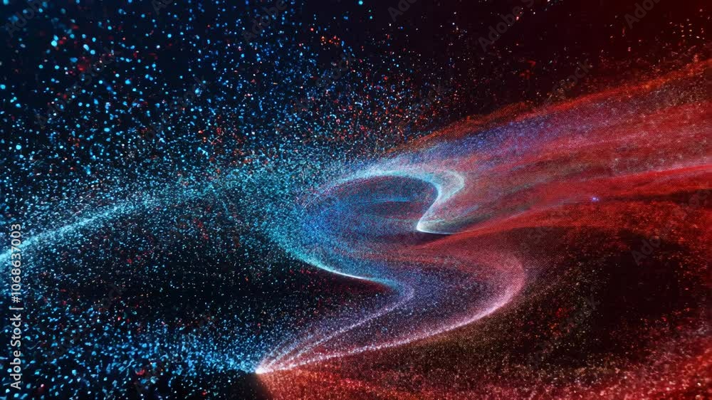 Poster camera pans and zooms on colorful particles shifting from cool blues to warm reds, creating depth an