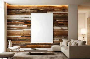 Contemporary living room with blank poster on wooden wall.