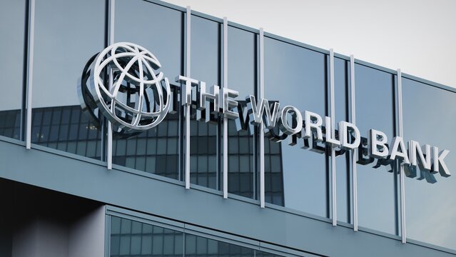Manchester, UK - October 9, 2019 World Bank only editorial Stock information on the logo of the office facade