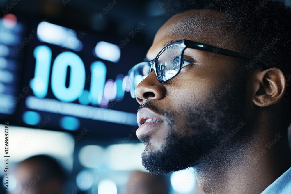 Poster a man in glasses looks intently at a digital screen displaying numerical data and graphs, reflecting